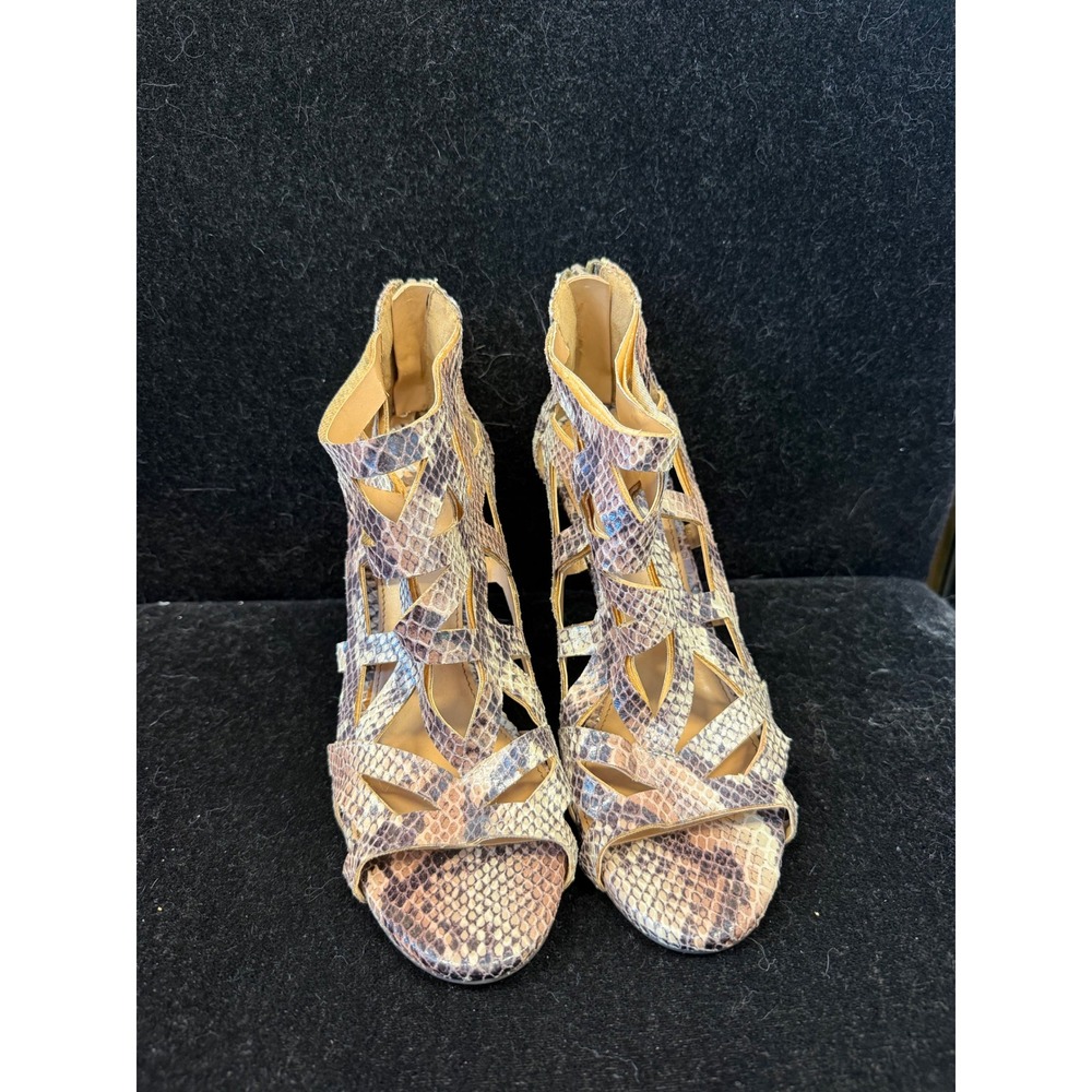 Fergalicious Snakeskin Strappy Cage Sandals Stiletto Heel Back Zip Brown 6.5
